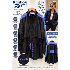 Vintage 90s Reebok Windbreaker Jacket Womens L Black Purple